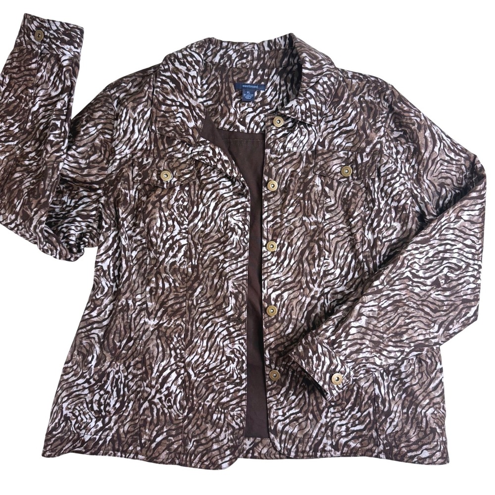 Westbound Brown Zebra Animal Print Button Front Cotton Stretch Jacket XL